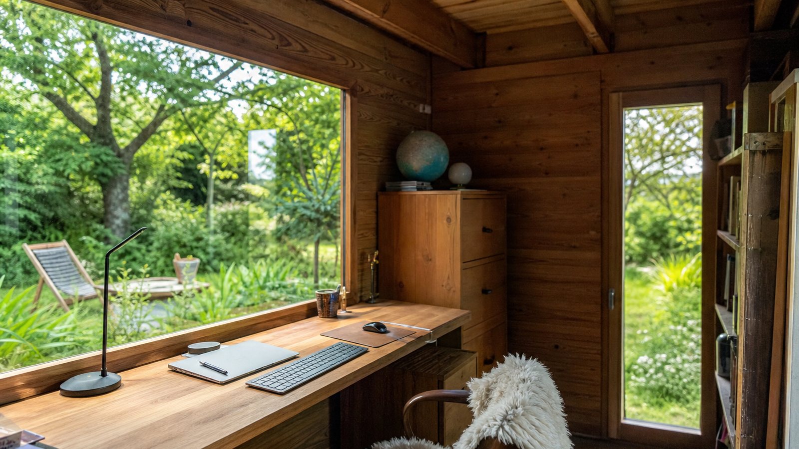 Bureau de télétravail aménagé dans un studio de jardin, plan de travail face au jardin