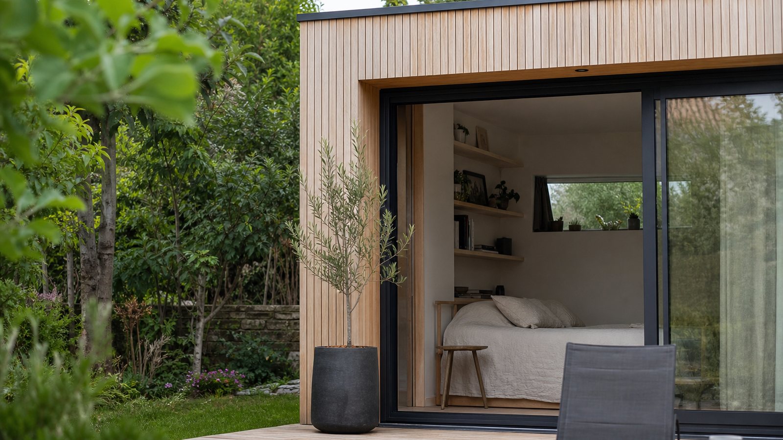 Intérieur soigné d'un studio de jardin sur mesure avec grande baie vitrée et parquet clair