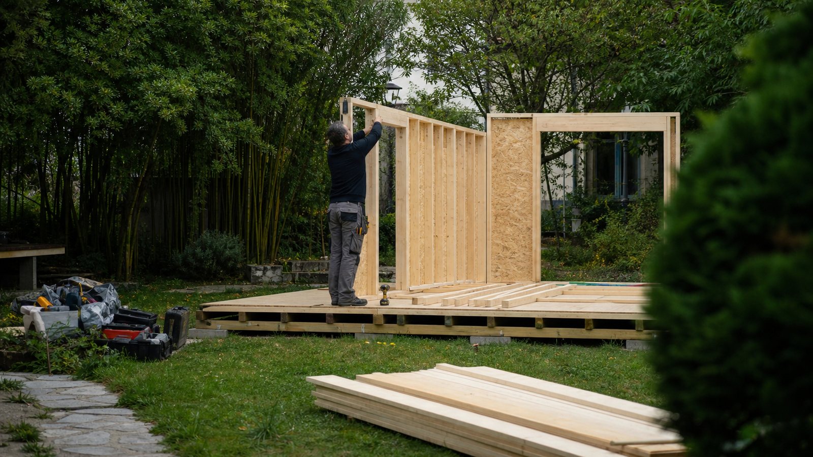 Équipe de pose assemblant les panneaux d'un studio de jardin préfabriqué sur ses fondations
