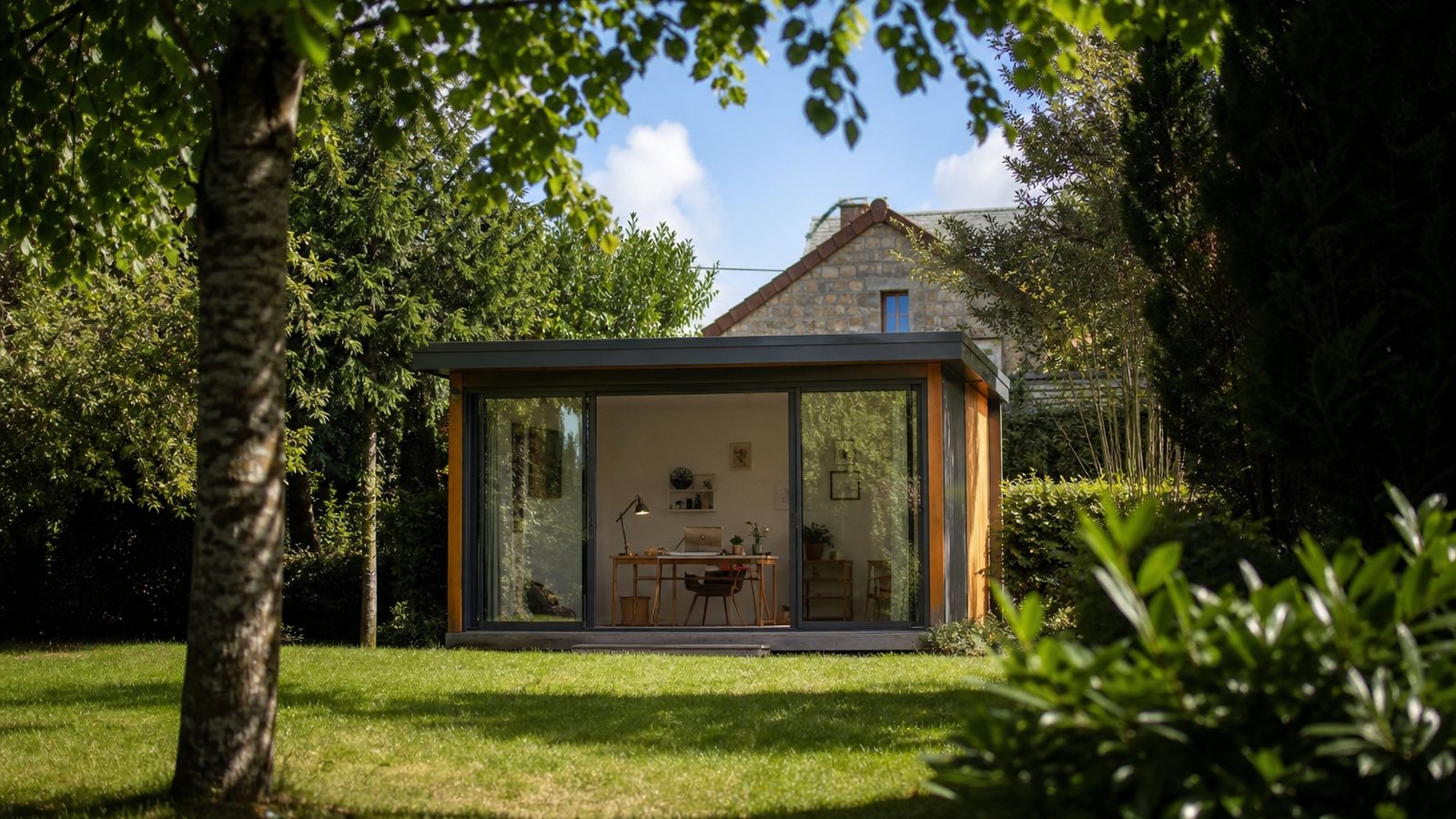 Studio de jardin posé en fond de parcelle, baie orientée vers la pelouse et les arbres