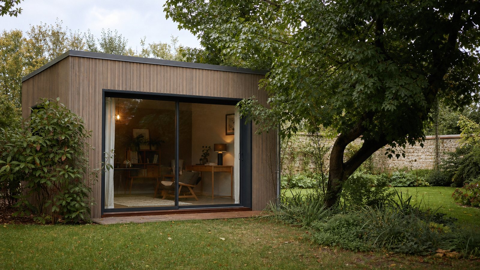 Studio de jardin contemporain posé au fond d'un jardin, conforme aux règles d'urbanisme locales