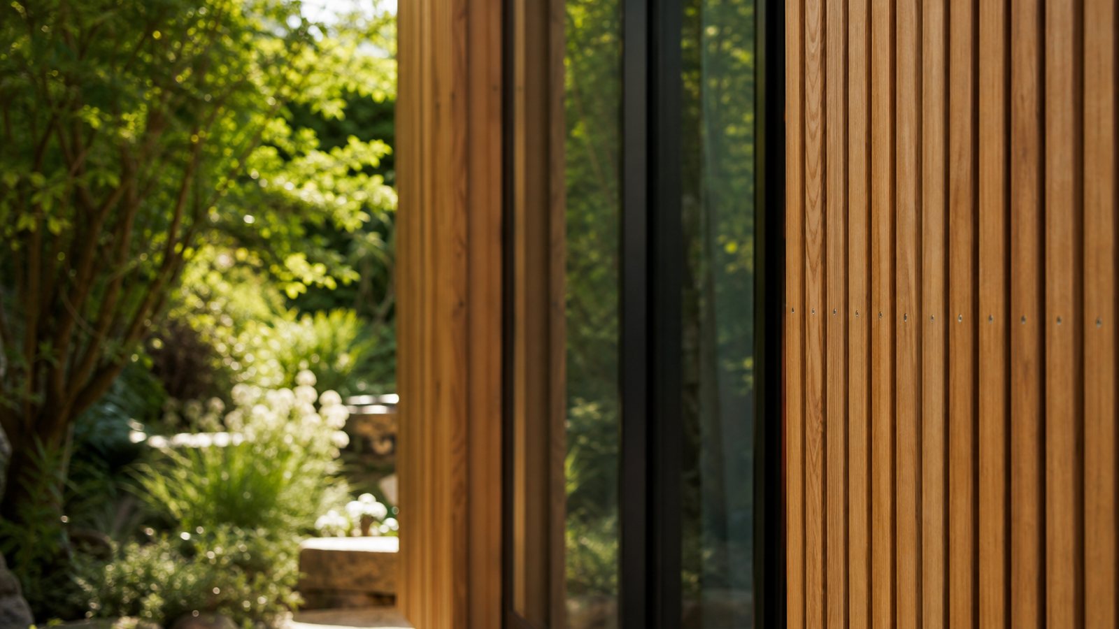 Façade d'un studio de jardin en bardage bois vertical avec menuiseries aluminium sombres